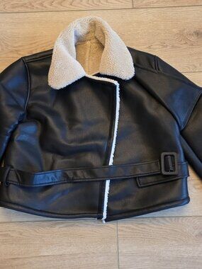 Commense Faux Leather Aviator Jacket Sherpa Lined Belted Black S